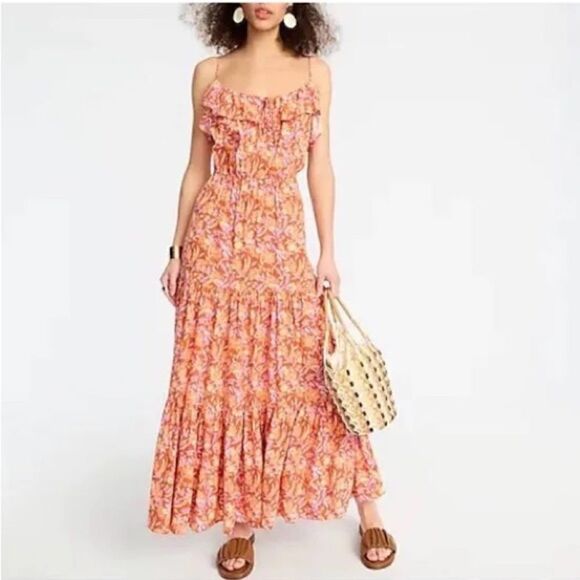 J. Crew Sleeveless Ruffle Floral Maxi Dress Orange Large - Picture 2 of 12